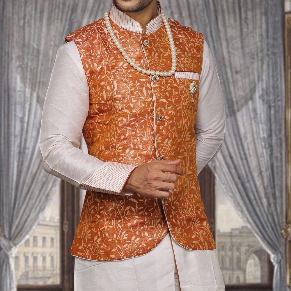 Art Silk Kurta Pyjama with Nehru Jacket, M